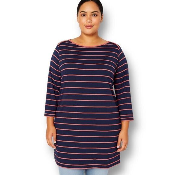 L.L. Bean Plus 1X Navy Orange Striped Tunic Top Preppy Coastal Nautical Travel - Picture 1 of 10